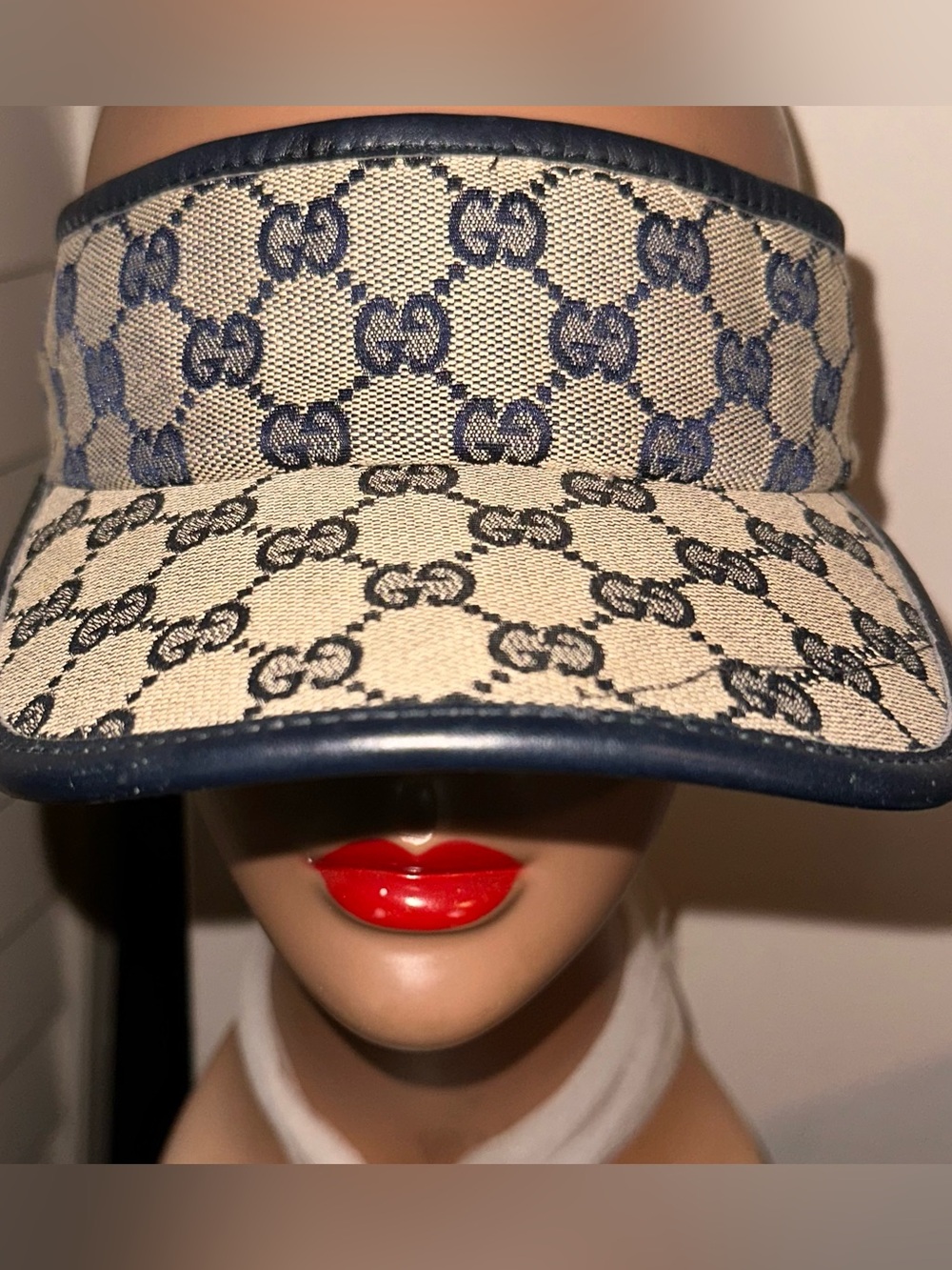 Gucci Beige GG Canvas Visor with Navy Trim